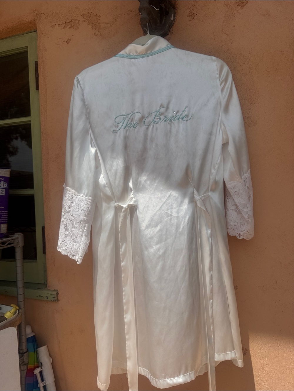 Linea Donatella White Satin Lace-Trim Robe with Light Blue Piping